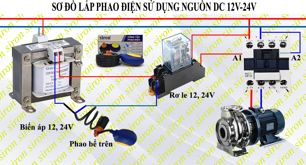 Sơ đồ lắp đặt phao điện máy bơm 1 pha